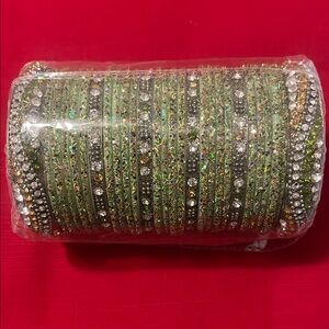 Elegant Green and Silver Bangle Set